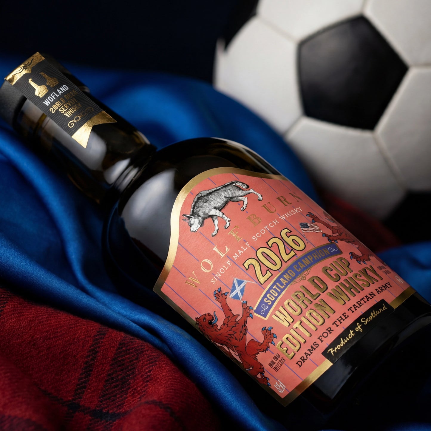 Wolfburn Morven World Cup Edition 2026 Highland Single Malt Scotch Whisky bottle resting on Scotland blue away shirt fabric with tartan and football in background