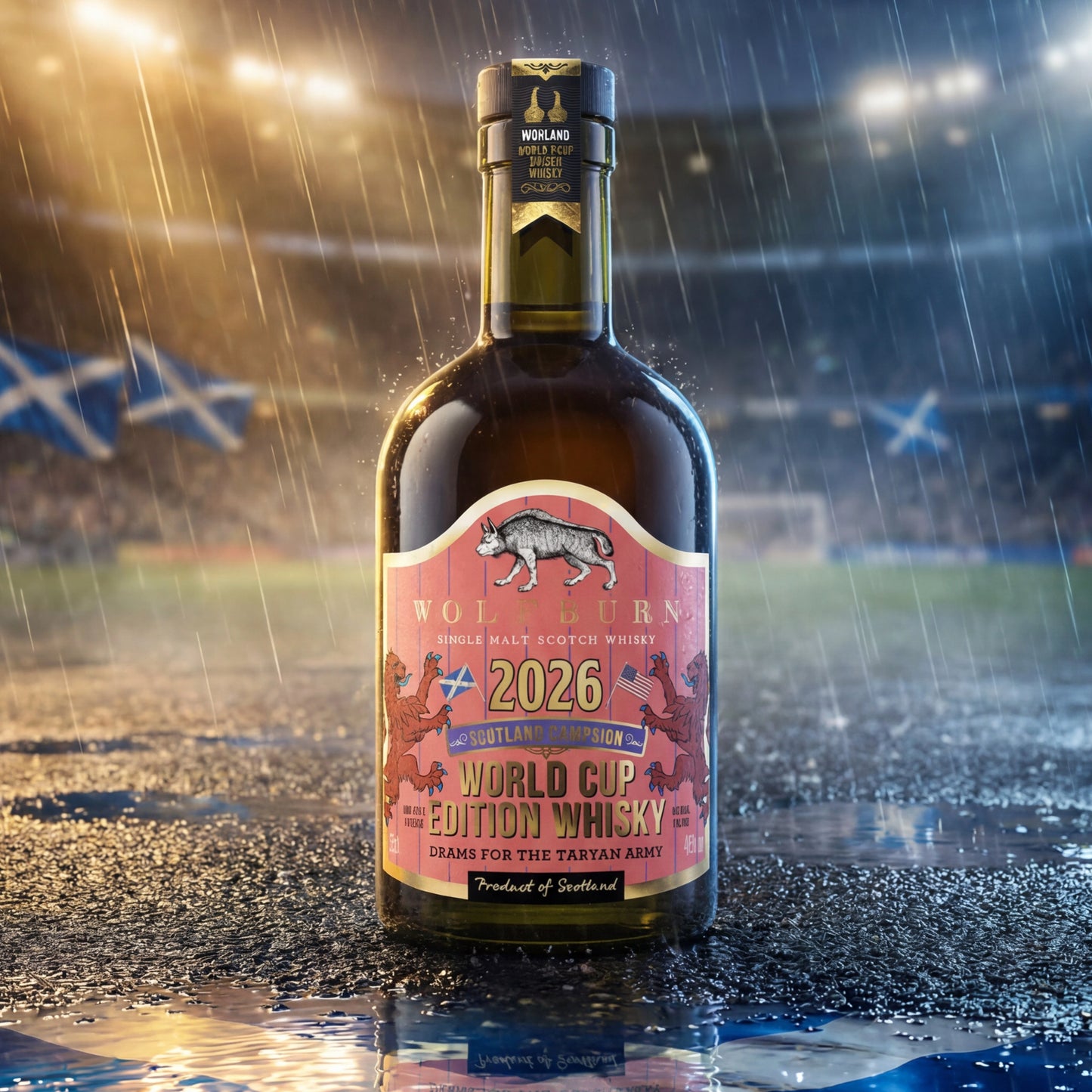 Wolfburn Morven World Cup Edition 2026 Highland Single Malt Scotch Whisky bottle on a rain-soaked football pitch with floodlit stadium and Saltire flags in the background