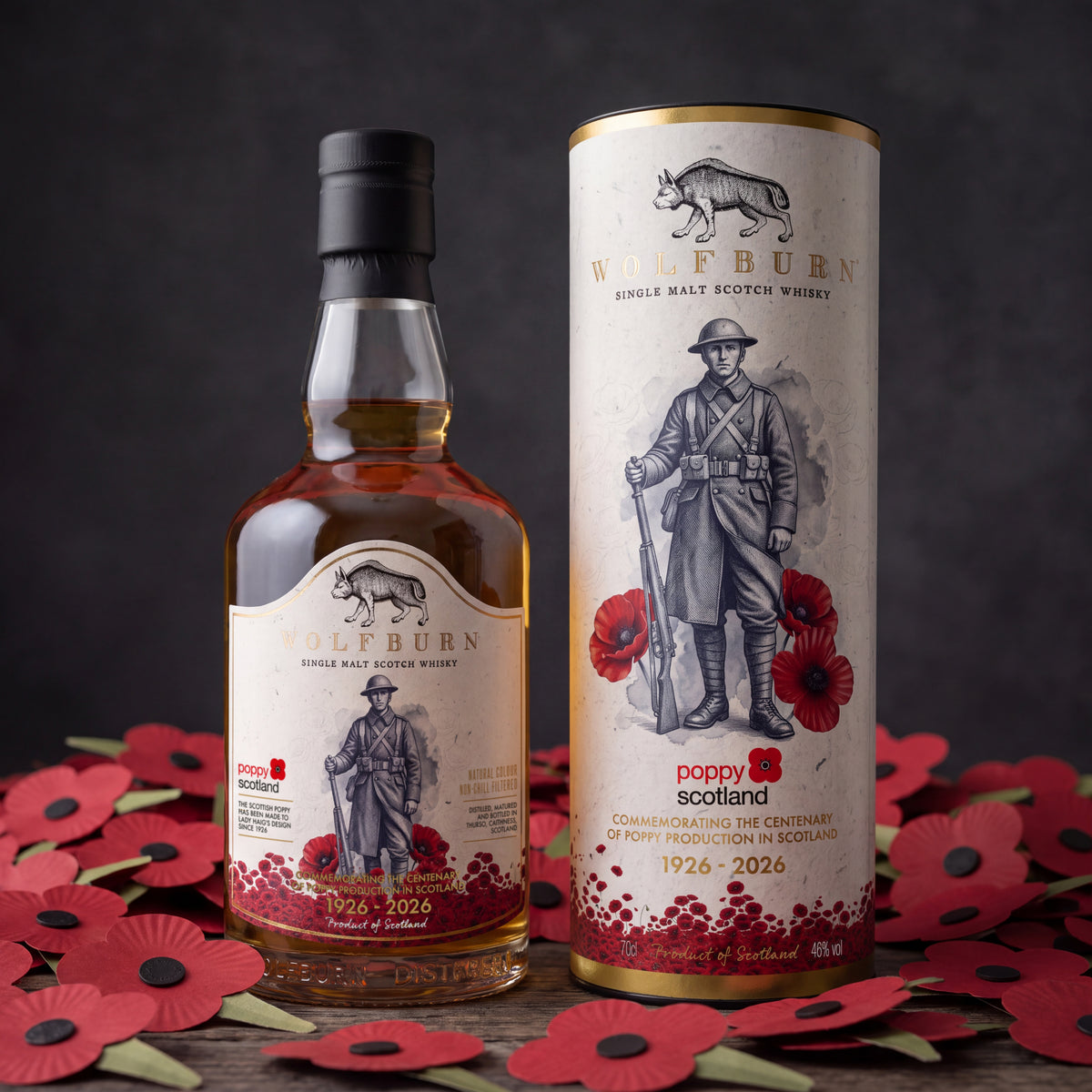 Wolfburn Poppyscotland 12 Year Old single malt Scotch whisky bottle and tube on a bed of Scottish poppies for remembrance day