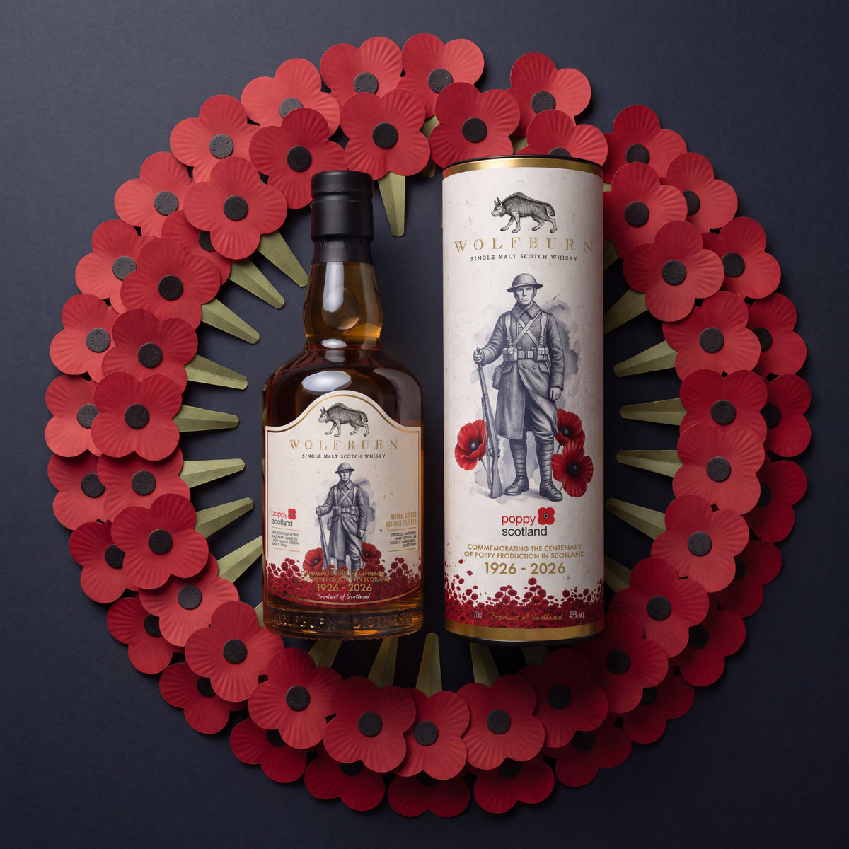 Limited edition Wolfburn single malt whisky marking 100 years of poppy production in Scotland, 1926 to 2026, framed by Scottish poppies