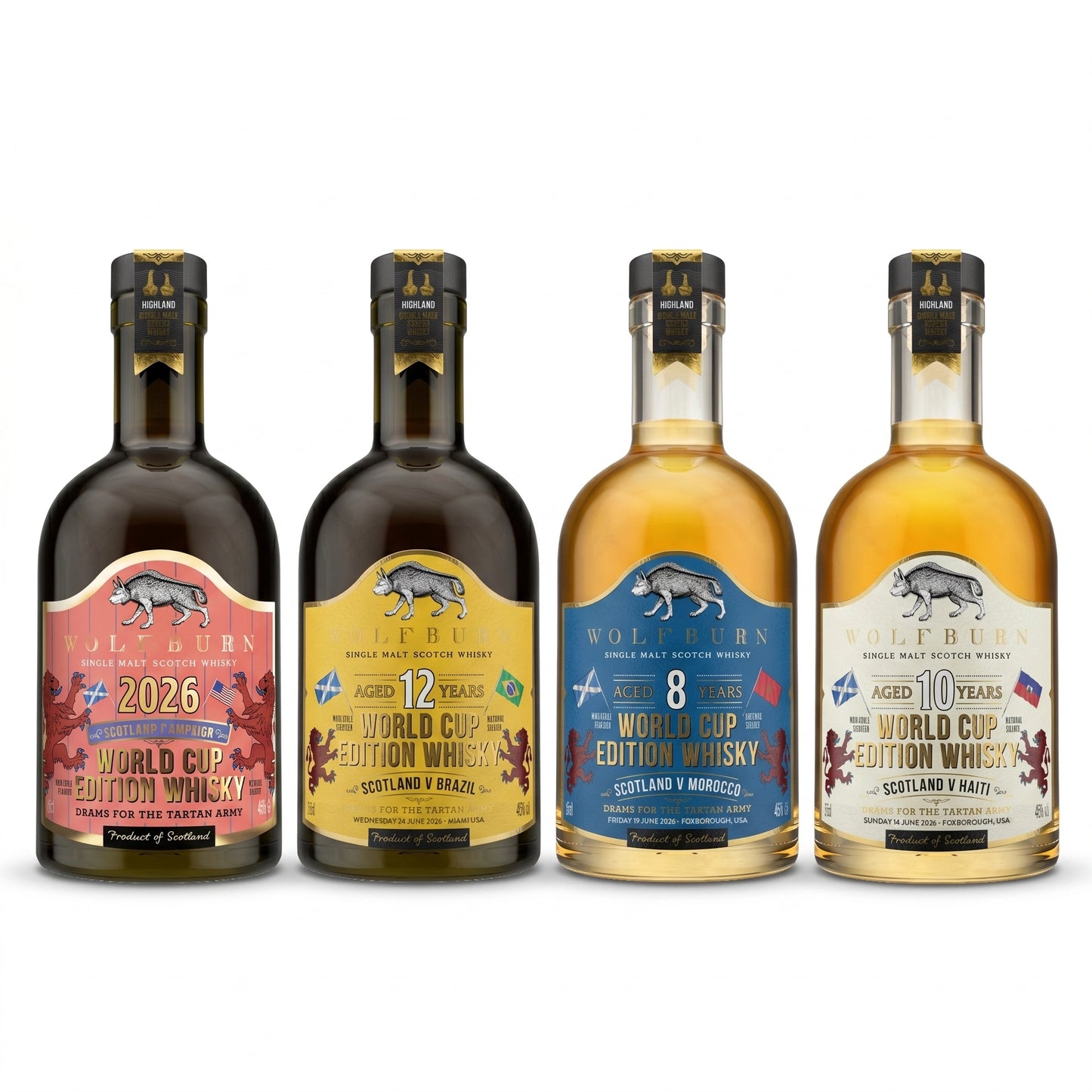 Wolfburn Scotland 2026 World Cup Edition Complete Four Bottle Collection — Morven Campaign Bottle, 12 Year Old Scotland v Brazil, 8 Year Old Scotland v Morocco, and 10 Year Old Scotland v Haiti Highland single malt Scotch whiskies on white background