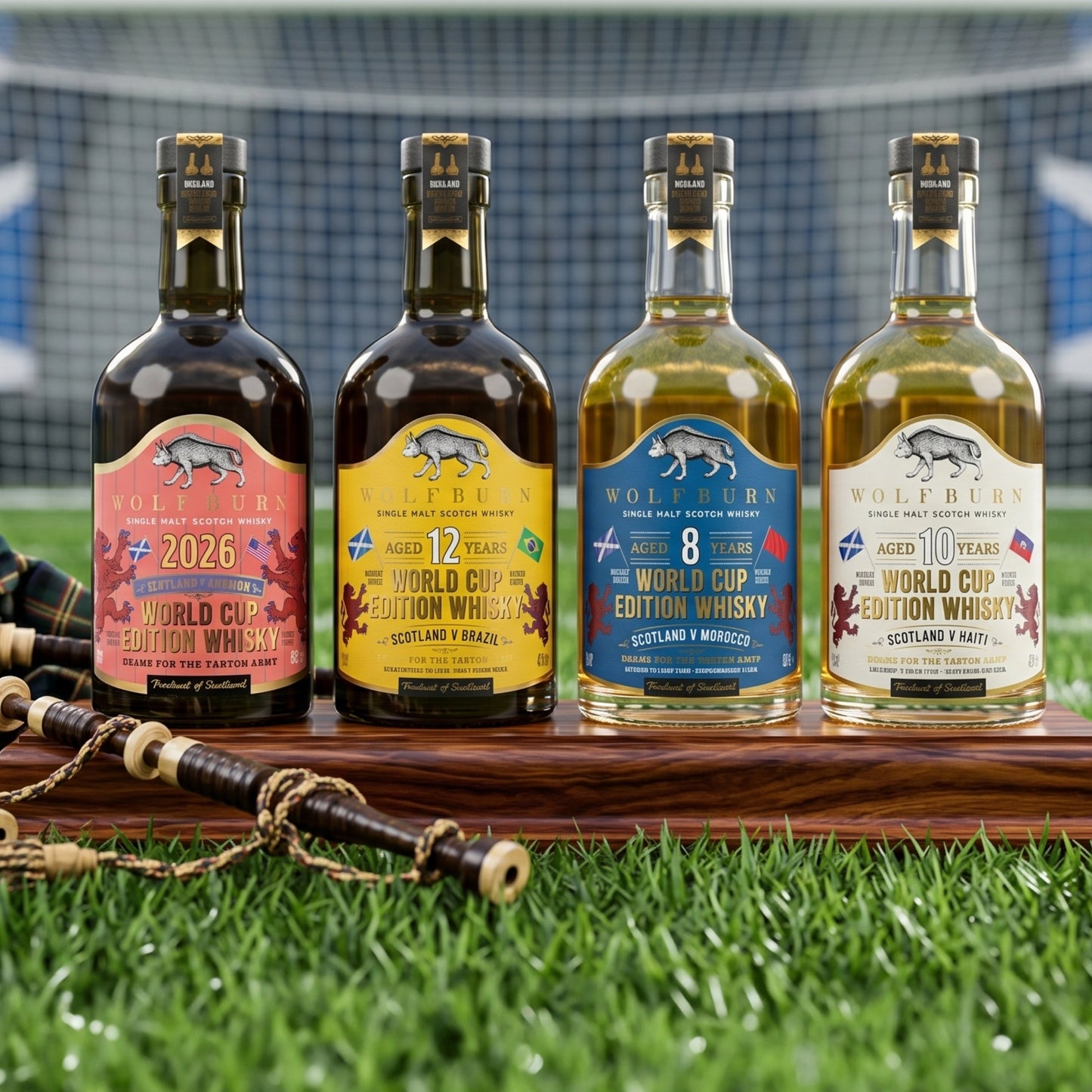 Wolfburn Scotland 2026 World Cup Complete Collection — all four limited edition Highland single malt Scotch whisky bottles lined up on football pitch grass with bagpipes and goal net, featuring Morven Campaign Bottle, 12 Year Old Brazil, 8 Year Old Morocco and 10 Year Old Haiti editions