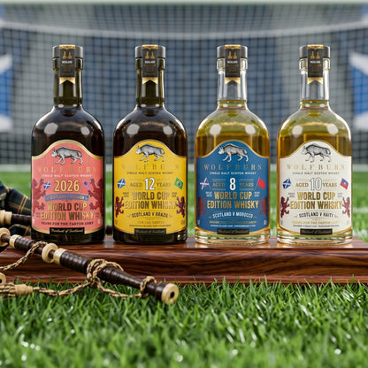 Wolfburn Scotland 2026 World Cup Complete Collection — all four limited edition Highland single malt Scotch whisky bottles lined up on football pitch grass with bagpipes and goal net, featuring Morven Campaign Bottle, 12 Year Old Brazil, 8 Year Old Morocco and 10 Year Old Haiti editions