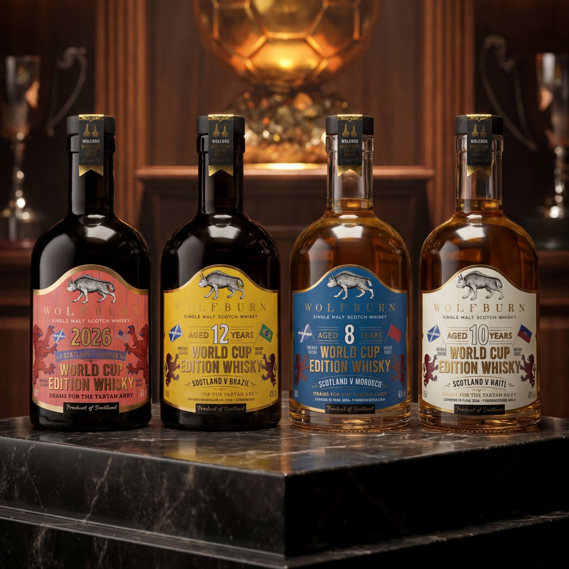 Wolfburn Scotland 2026 World Cup Edition Complete Four Bottle Collection on dark marble plinth with golden World Cup trophy in background — Morven Campaign Bottle, 12 Year Old Scotland v Brazil, 8 Year Old Scotland v Morocco and 10 Year Old Scotland v Haiti Highland single malt Scotch whiskies