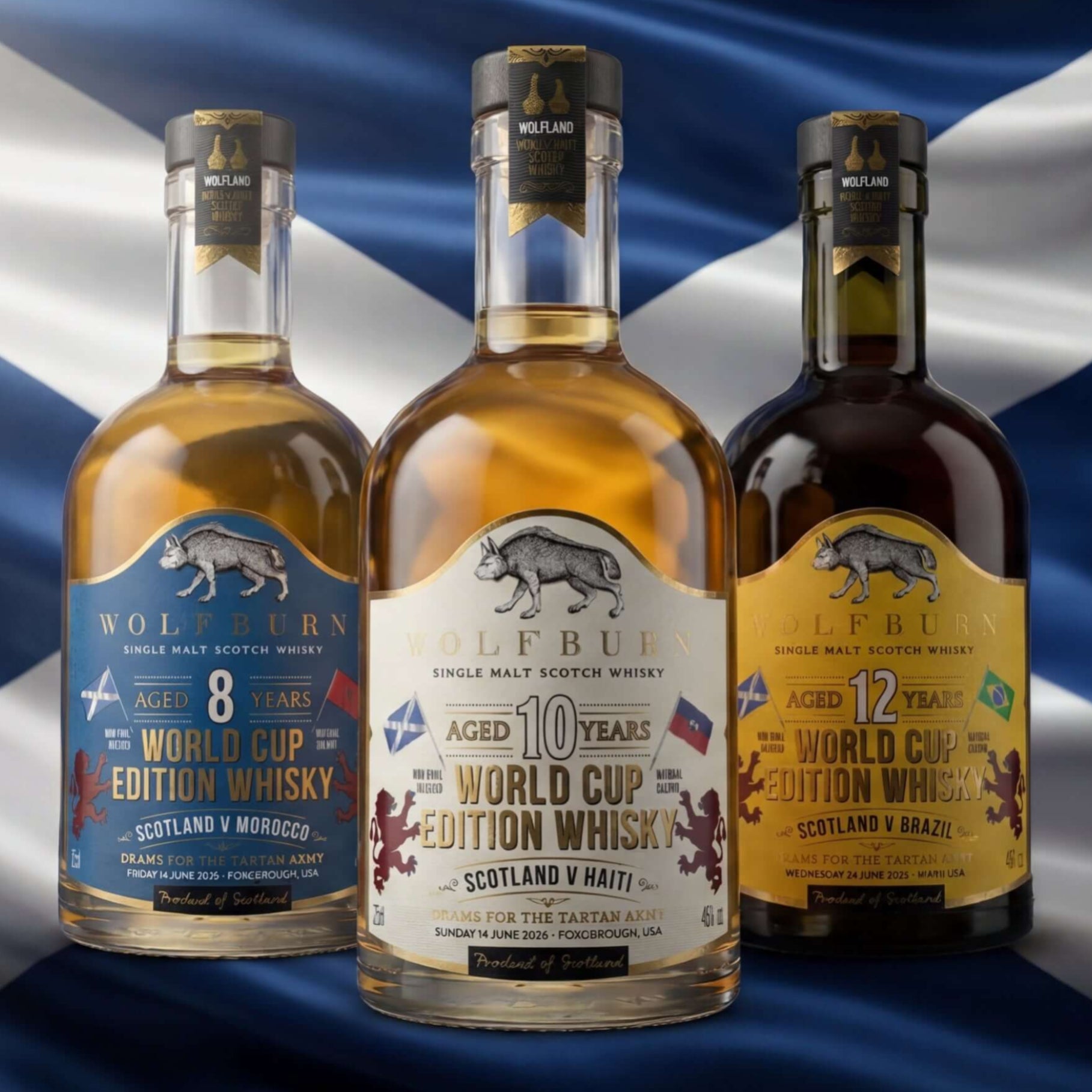 Three bottles of Wolfburn Single Malt Scotch Whisky with labels indicating different ages and editions against a Scottish flag background.