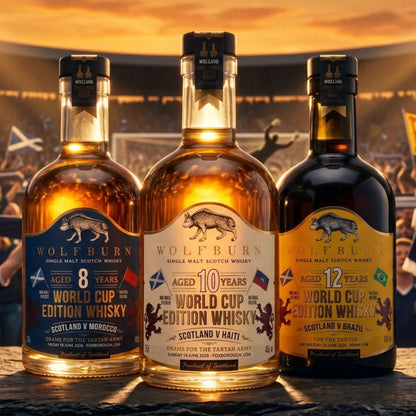 Three bottles of Wolfburn World Cup Edition Single Malt Scotch Whisky with a football stadium background in America