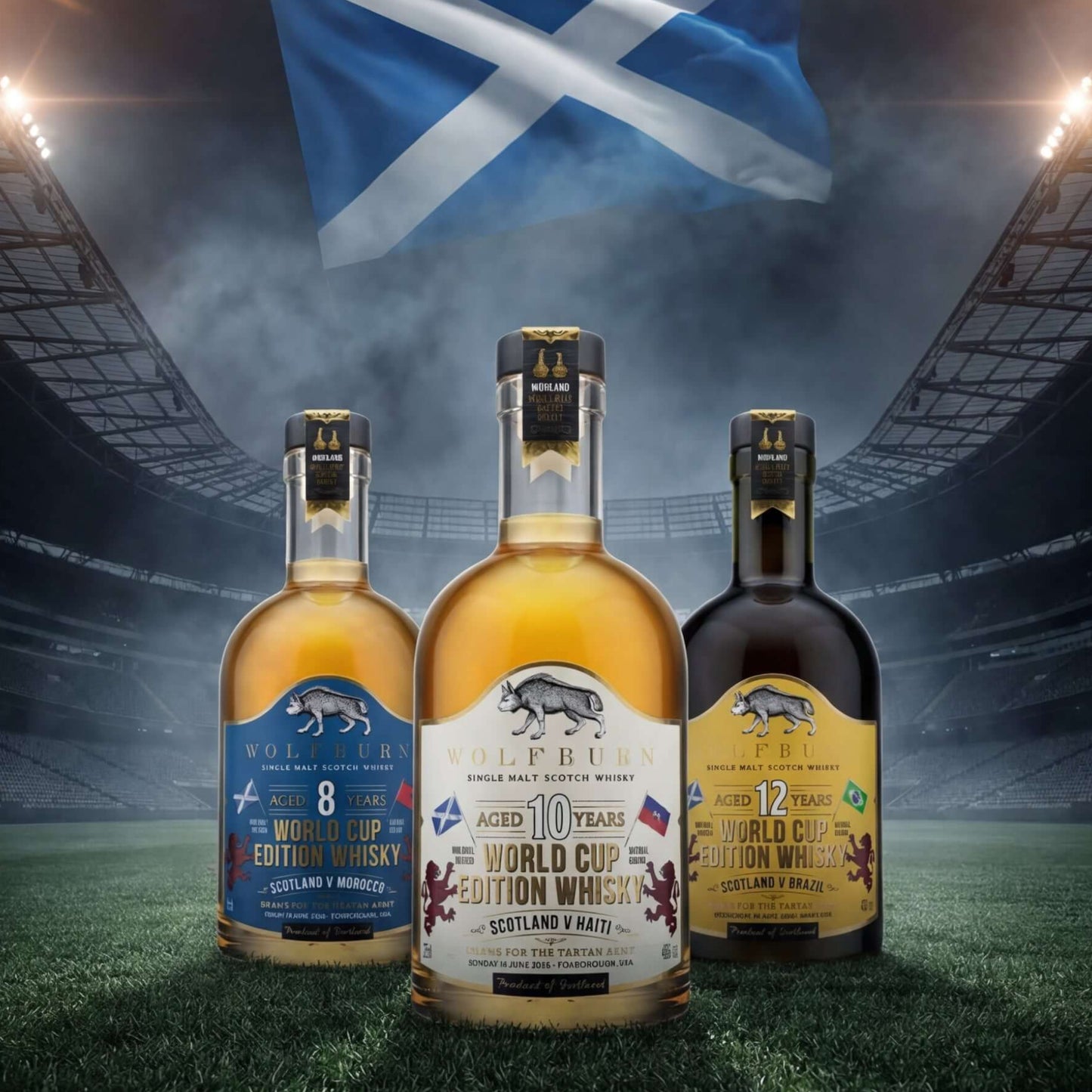 Three bottles of wolfburn Single Malt Scotch Whisky with a Scottish flag in a stadium at the FIFA World Cup background