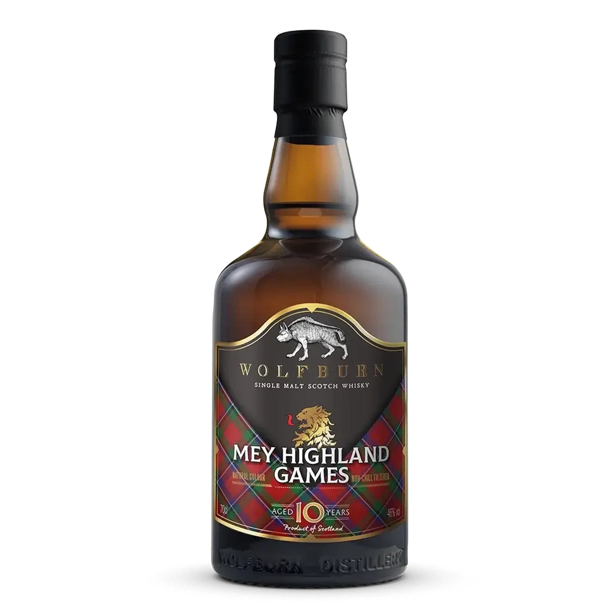 A bottle of Wolfburn 'Mey Highland Games' 10 Year Single Malt Scotch Whisky, featuring a dark amber glass bottle, black cap, and a label with a black background, white text, and red tartan Sinclair pattern.
