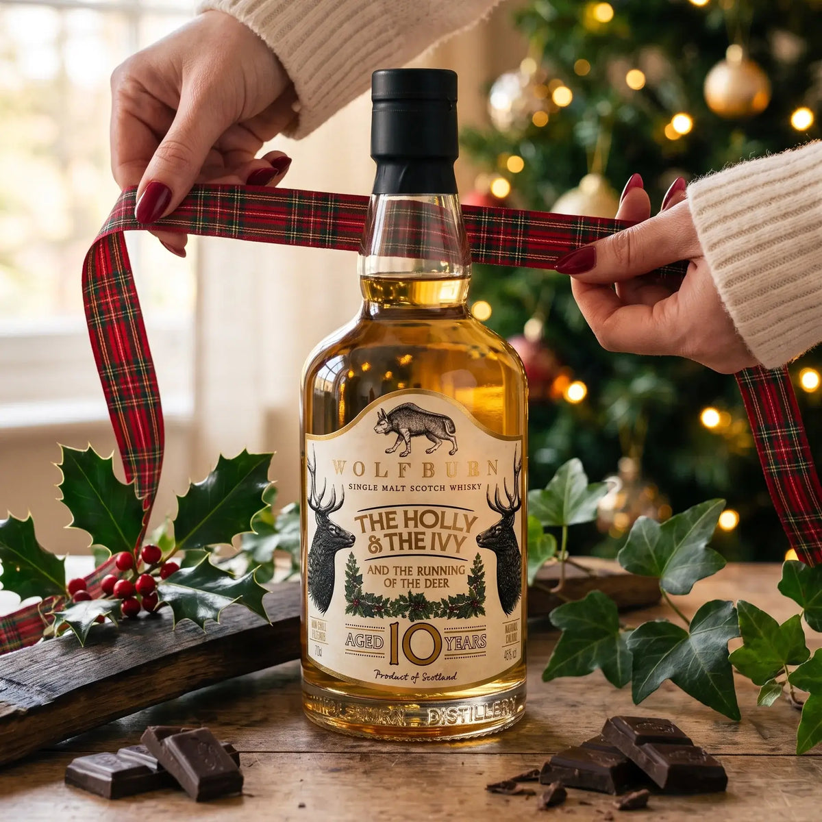 Gift wrapping Wolfburn The Holly and The Ivy Christmas whisky with tartan ribbon beside dark chocolate