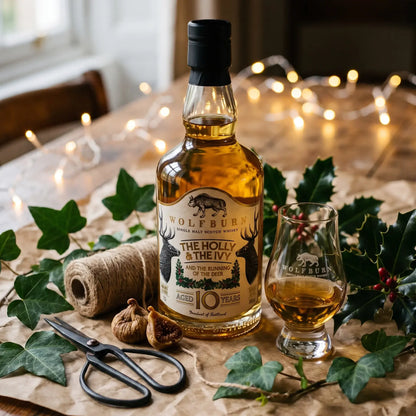 Wolfburn The Holly and The Ivy Christmas whisky and a filled Glencairn glass on a gift wrapping table