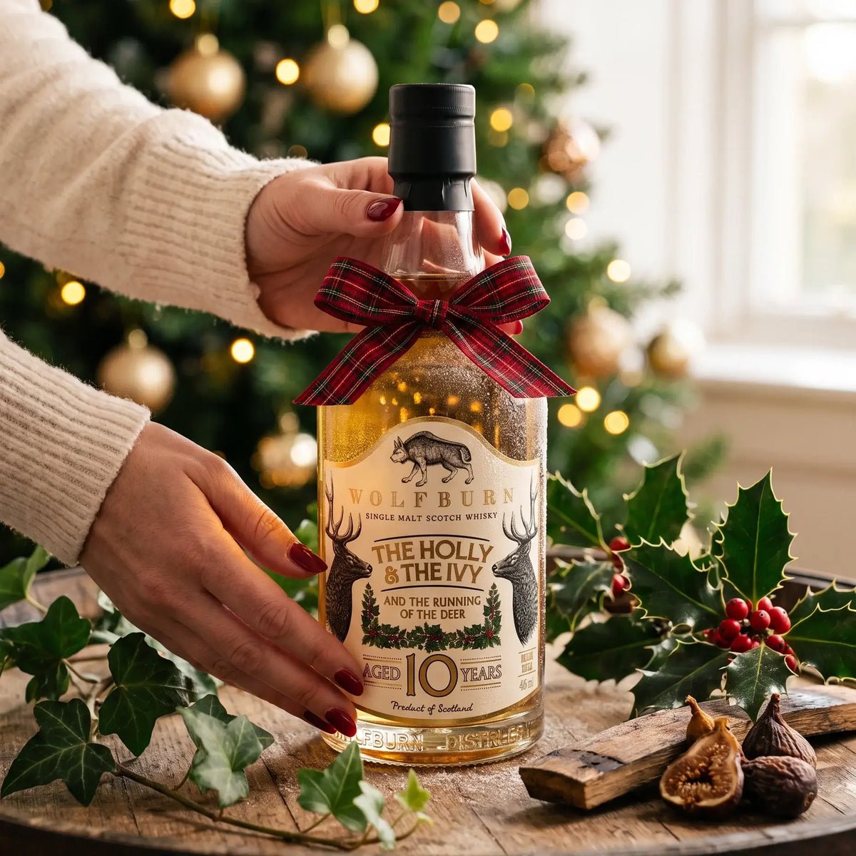 Hands adding a tartan bow to Wolfburn The Holly and The Ivy 10 Year Old Christmas whisky beside the Christmas tree