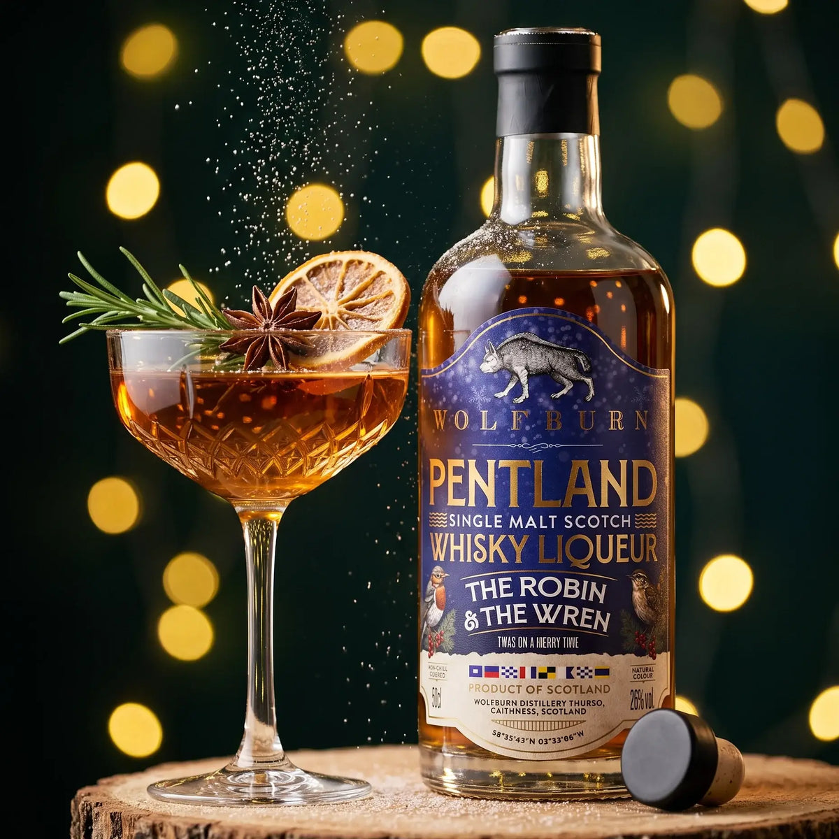 The Robin and The Wren Pentland Christmas whisky liqueur beside a festive cocktail with orange, rosemary and star anise