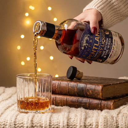 Pouring The Robin and The Wren Pentland Christmas whisky liqueur into a glass beside old books and fairy lights
