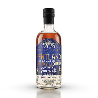 Wolfburn The Robin and The Wren Pentland Christmas single malt Scotch whisky liqueur, 50cl bottle on white background