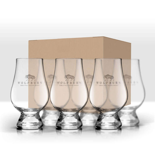 Wolfburn Glencairn glasses (Case of 6) The definitive glass for whisky tasting, the Glencairn is a design classic with a tapered mouth helping capture the aromas whilst the wide bowl allows the whisky’s colour to be fully appreciated. Engraved with the Wo