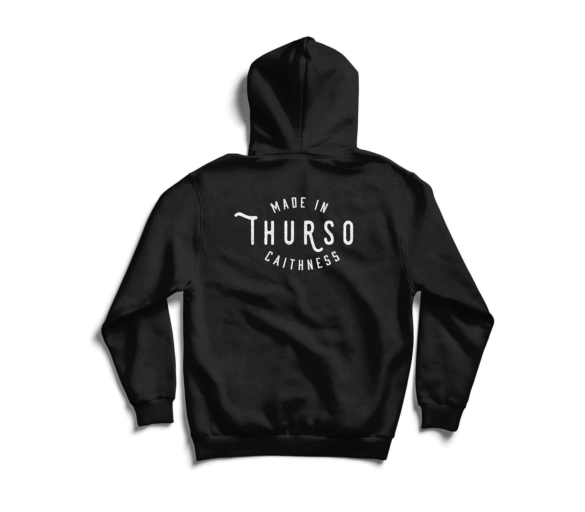Wolfburn Hoodie ‘Made in Thurso’ Black Hooded top. Screen printed 'Wolfburn' logo on the chest and large Made in Thurso on the back.
