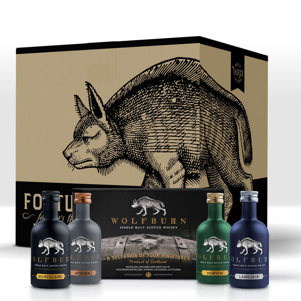 Wolfburn Distillery Miniature Whisky Quad Pack These four conveniently-sized 5cl bottles are a perfect gift for someone special. Or for yourself as a tasting treat, featuring the four core expressions of Wolfburn. £160.00