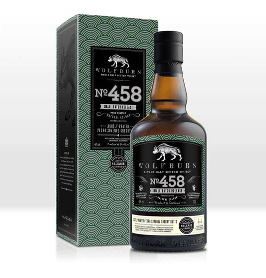Wolfburn Small Batch 458 - 46% vol. 70cl The seventh small-batch release from Wolfburn, Batch 458 has been crafted from a 50/50 combination of whisky matured for seven years in first-fill Pedro Ximénez sherry butts, married with lightly-peated spirit matu