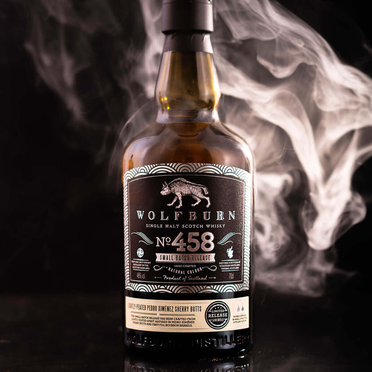 Wolfburn Small Batch 458 - 46% vol. 70cl The seventh small-batch release from Wolfburn, Batch 458 has been crafted from a 50/50 combination of whisky matured for seven years in first-fill Pedro Ximénez sherry butts, married with lightly-peated spirit matu