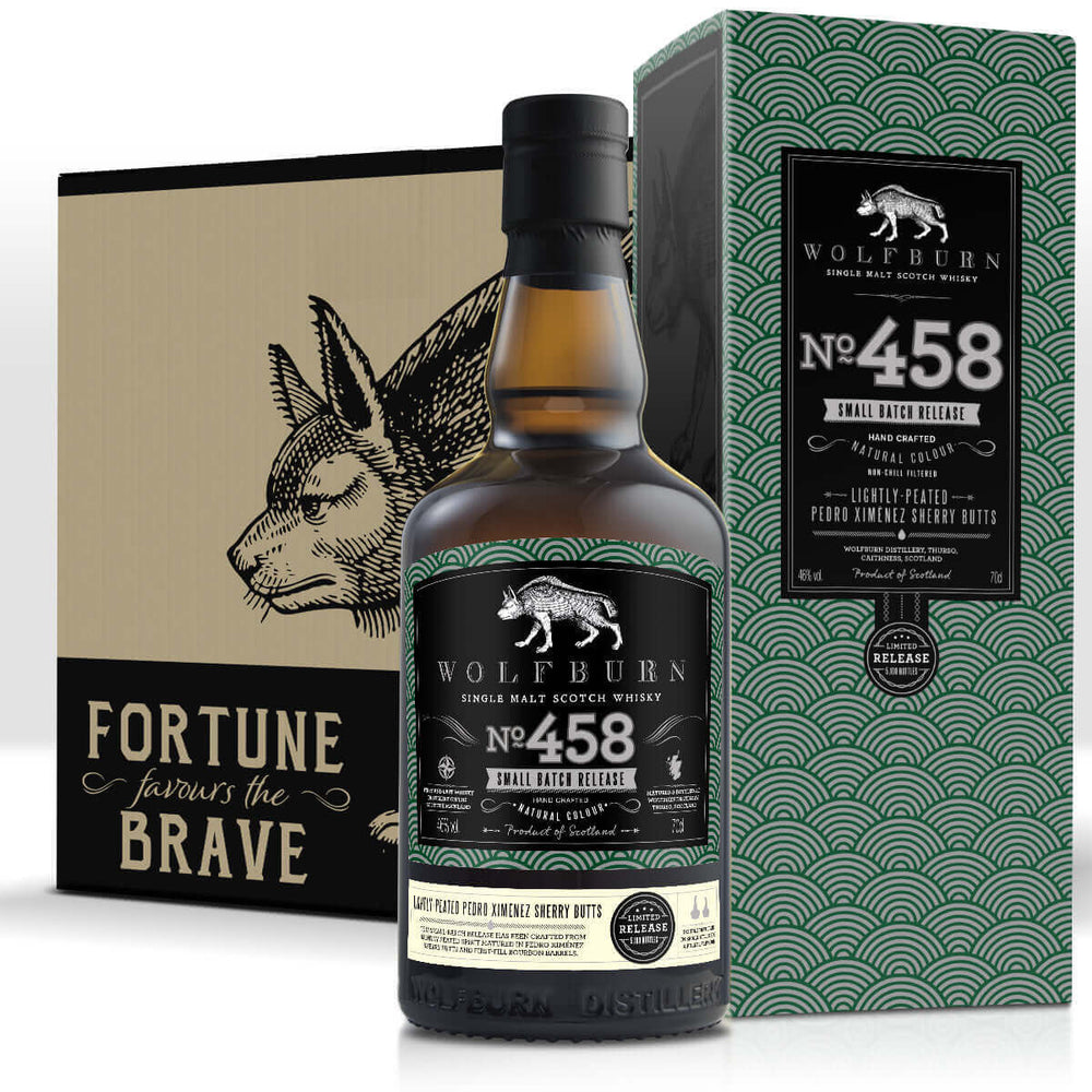 Wolfburn Distillery Wolfburn Small Batch 458 (Case of 6) The seventh small-batch release from Wolfburn, Batch 458 has been crafted from a 50/50 combination of whisky matured for seven years in first-fill Pedro Ximénez sherry butts, married with lightly-pe