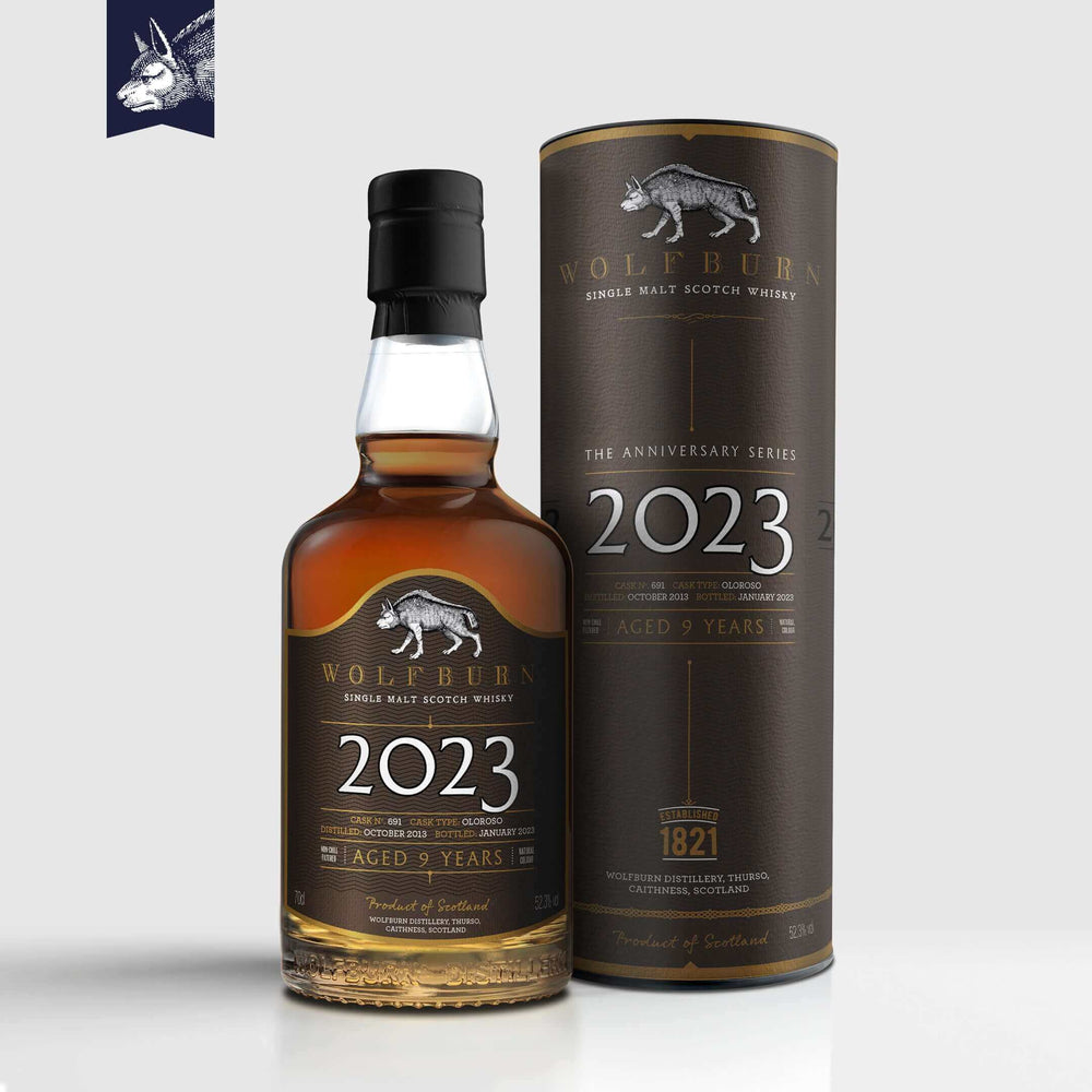 Wolfburn Distillery 2023 Anniversary Series - 52.3% vol. 70cl To celebrate Wolfburn’s 10th anniversary we have created a new collectors’ edition: the Anniversary Series. Consisting of just 680 bottles, the 2023 single-cask release has been matured for ove