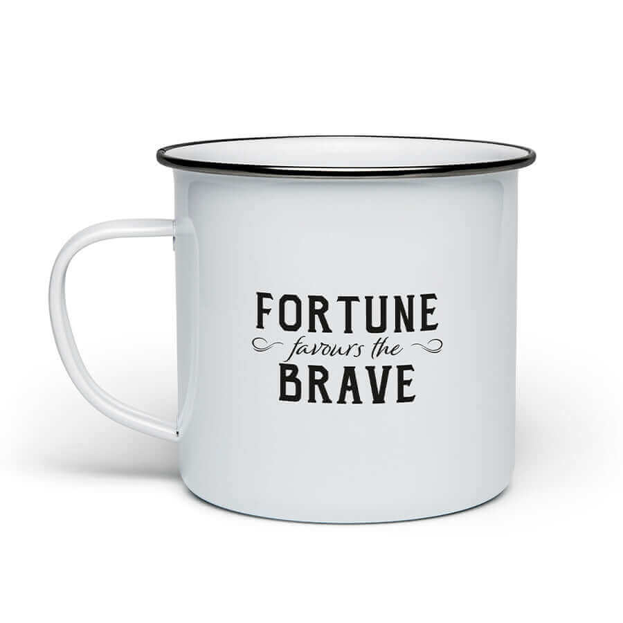 Wolfburn Enamel Mug - White Our Wolfburn branded ‘Fortune Favours the Brave’ 11oz Enamel Mug is hand-enamelled to add to its unique charm. The Mug body is made using durable carbon steel which is enamel glazed, and complete with a 304 food-grade stainless