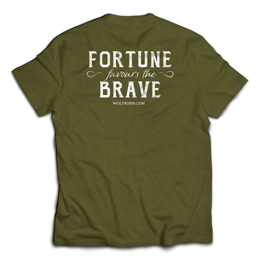 Wolfburn T-shirt 'Fortune favours the brave' Army Green 100% cotton t-shirt. Screen printed 'Wolfburn' logo on the chest and large Fortune Favours the Brave on the back.