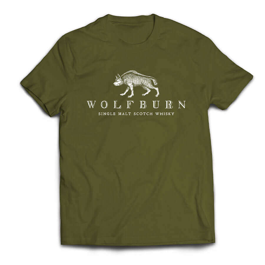 Wolfburn T-shirt 'Fortune favours the brave' Army Green 100% cotton t-shirt. Screen printed 'Wolfburn' logo on the chest and large Fortune Favours the Brave on the back.