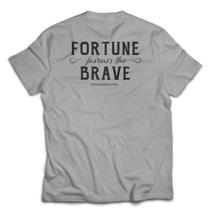 Wolfburn T-shirt 'Fortune favours the brave' Grey 100% cotton t-shirt. Screen printed 'Wolfburn' logo on the chest and large Fortune Favours the Brave on the back.