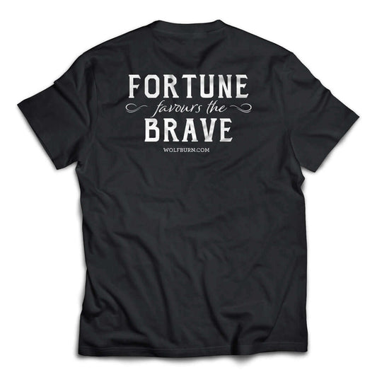 Wolfburn T-shirt 'Fortune favours the brave' Black 100% cotton t-shirt. Screen printed 'Wolfburn' logo on the chest and large Fortune Favours the Brave on the back.