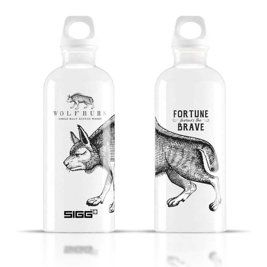 Wolfburn SIGG Water Bottle - white Our premium Wolfburn branded 600ml water bottles are manufactured in Switzerland in classic white. Made from high-quality aluminium in one piece, making it light and stable. It stays tight, even with carbonated drinks.