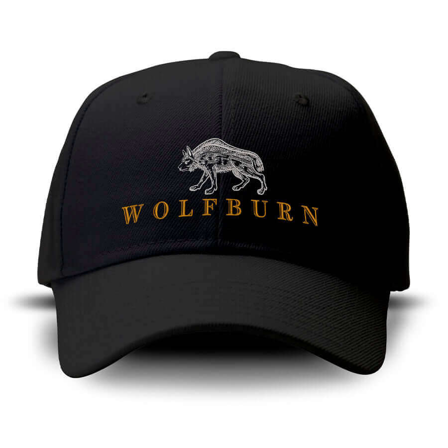 Wolfburn Distillery Wolfburn Baseball Cap Black baseball-style cap. Adjustable back. Embroidered 'Wolfburn' logo. £12.00