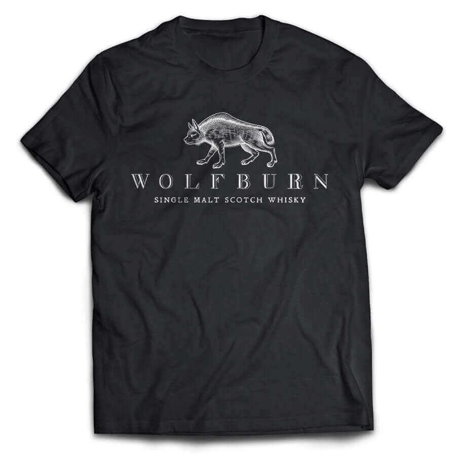 Wolfburn T-shirt 'Made in Thurso' Black 100% cotton t-shirt. Screen printed 'Wolfburn' logo on the chest and large Made in Thurso on the back.